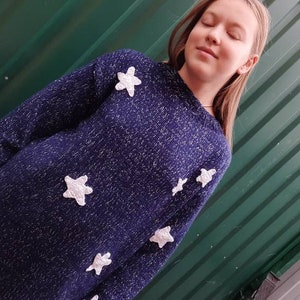 Blue sweater with white stars, Hand knit for Kids Teens adult image 6