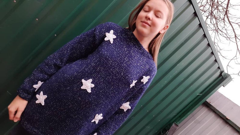 Blue sweater with white stars, Hand knit for Kids Teens adult image 6