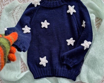 Blue sweater blue white stars Kids 3-4, 6-8 years, Wool sweater for girl, Winter Christmas gift jumper white star as unique gifts, 5 year