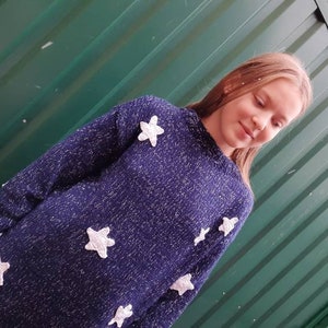 Blue sweater with white stars, Hand knit for Kids Teens adult image 4