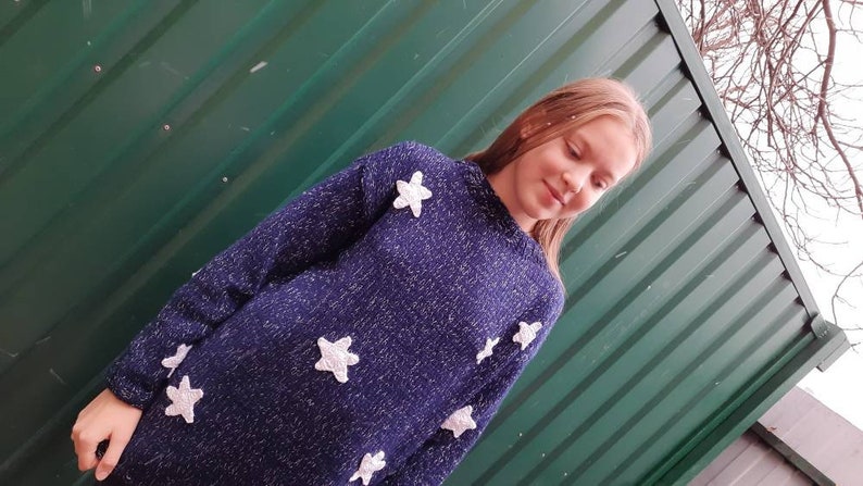 Blue sweater with white stars, Hand knit for Kids Teens adult image 4