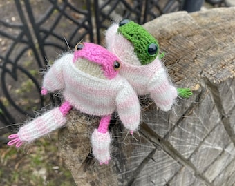 Knitted frog pink, green Finished Toy animal toad as funny gift, handmade Frog in Sweater , Cute crochet Frog with Sweater Custom ready ship