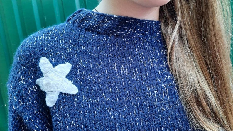 Blue sweater with white stars, Hand knit for Kids Teens adult image 7