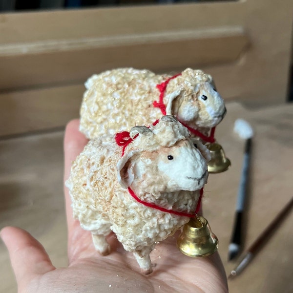 Spun Cotton Sheep ornament Christmas handmade, farmhouse decor, lamb figurines as Xmas decoration, OOAK Unique Rustic Ornament