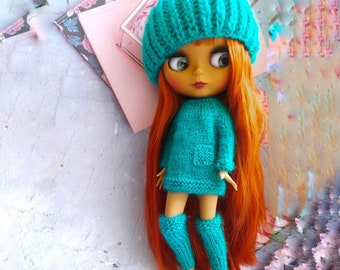 Blythe doll clothes sea outfit, Hand knitted Set of 3 for 11- 12 inch doll, Neo Blythe Aquamarine costume, Beret & sweater and socks