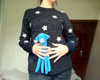 Blue sweater with white stars hand knitted for woman - Birthday unique custom gift idea