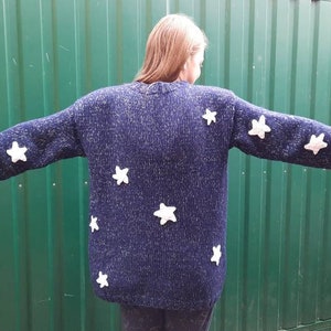 Blue sweater with white stars, Hand knit for Kids Teens adult image 5
