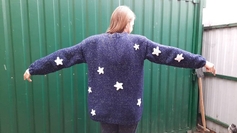 Blue sweater with white stars, Hand knit for Kids Teens adult image 5