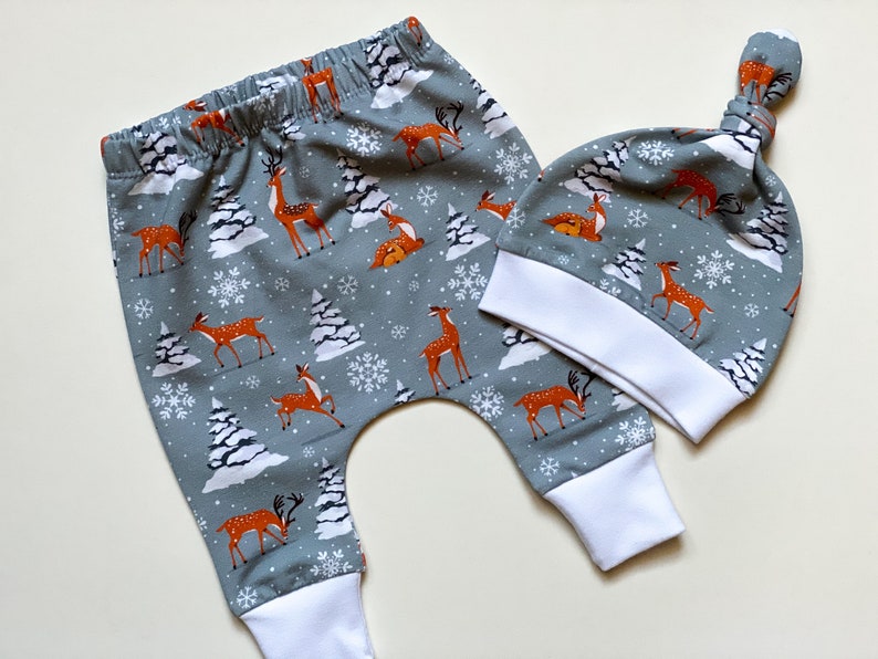 newborn boy outfit baby harem pants and baby boy hat Deer Baby Outfit