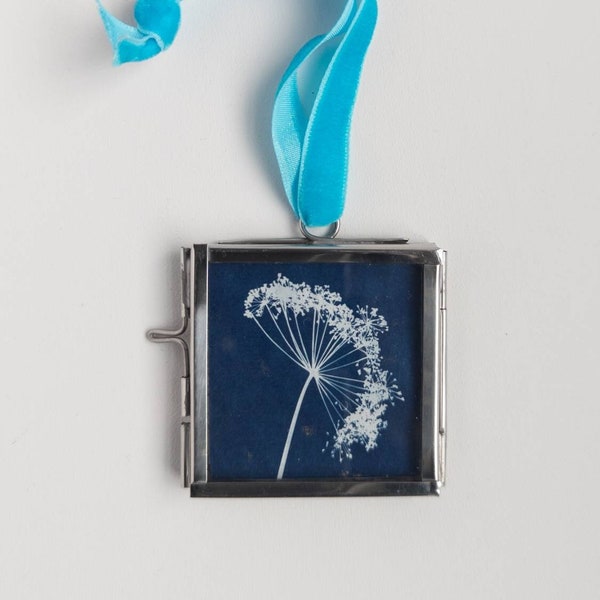 Original Botanical Art Cyanotype Print in a 5 x 5cm Metal Photo Frame