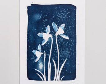 Original Botanical Art Cyanotype Print of Snowdrops