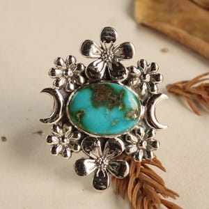 Gouden turkooizen ring Southwest Sonoran | Sterlingzilveren boho bloemen maanring | Verstelbare ring | Handgemaakte sieraden in inheemse stijl| Perfect cadeau
