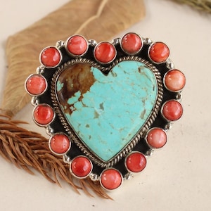 Handmade Southwest No. 8 Turquoise and Spiny Oyster Sterling Silver Ring | Heart Turquoise Statement Ring | Boho Jewelry | Gift for Her/Mom