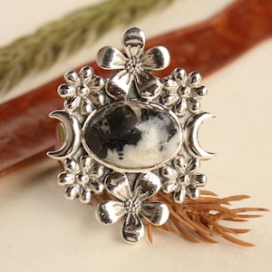 Southwest White Buffalo Turquoise Ring |Sterling Silver Boho Floral Moon Ring |Adjustable Ring | Handmade Native Style Jewelry| Perfect Gift