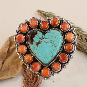 Handmade Southwest No. 8 Turquoise and Spiny Oyster Sterling Silver Ring | Heart Turquoise Statement Ring | Boho Jewelry | Gift for Her/Mom