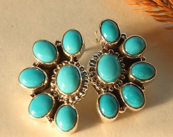 Turquoise Cluster Earrings | Southwest Style Sterling Silver Earrings | Boho Studs | Cowgirl Jewelry | Native Style Earrings | Perfect Gift