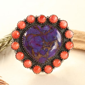 Southwest Heart Purple Mojave & Spiny Oyster Ring |Handmade Sterling Silver Statement Ring |Desert Jewelry|Adjustable Boho Ring|Perfect Gift