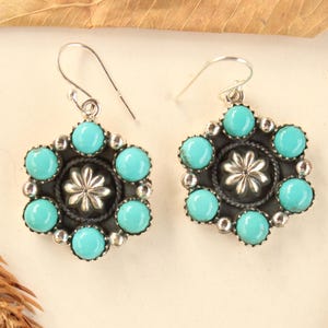 Southwest Turquoise Sterling Silver Earrings | Handmade Floral Concho Dangle Earrings | Navajo Flower Statement Earrings | Gift for Her