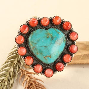 Southwest Heart Turquoise & Spiny Oyster Ring |Handmade Sterling Silver Statement Ring | Desert Jewelry |Adjustable Boho Ring | Perfect Gift