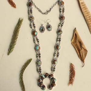 No 8 Turquoise Squash Blossom Necklace & Earrings Set | Southwestern Sterling Silver Jewelry | Native Style Necklace | Perfect Gift for her