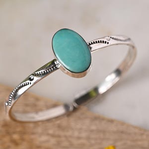 Handmade Sterling Silver Kingman Turquoise Cuff | Stamped Southwest Style Bracelet| Boho Minimal Jewelry | Adjustable Bangle | Gift for Her