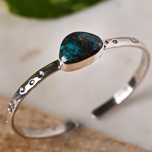 Handmade Sterling Silver Teardrop Turquoise Cuff | Southwest Style Cuff Bracelet | Boho Tribal Jewelry | Adjustable Bangle | Gift for Her