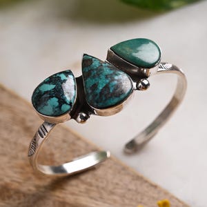 Handmade Southwest Style Turquoise Cuff Bracelet in Sterling Silver |Boho Tribal Turquoise Jewelry | Adjustable Western Bangle |Gift for Her