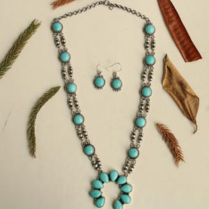 Arizona Turquoise Squash Blossom Necklace & Earrings Set | Southwestern Sterling Silver Jewelry | Native Style Necklace | Perfect Gift