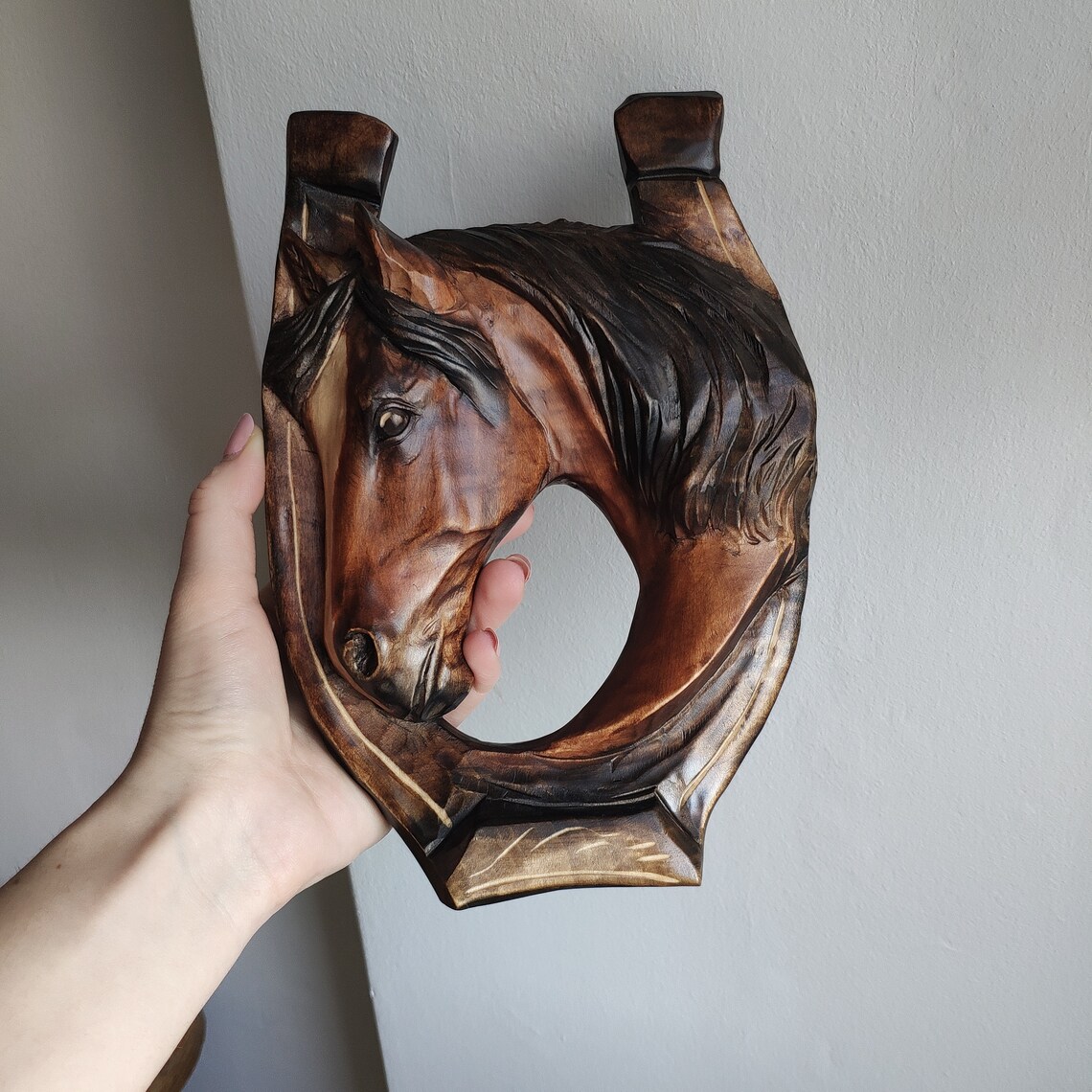 Wooden hanging horseshoe horse head relief hand carved Etsy