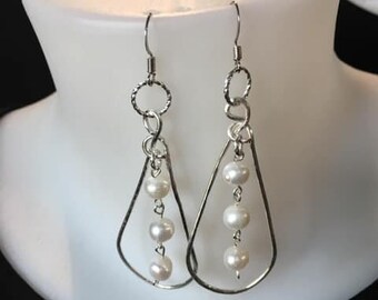 Tear Drop Earrings with Dangling Fresh Water Pearls, Silver Teardrop Earrings, Nickel Free Pearl Earrings, Dangle Earrings, Pearl Dangles,