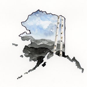 Alaska Birken Bäume Framing Berge Original Aquarell Druck von nördlichen Nächten Art