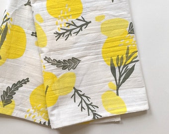 Cotton Tea Towel, 28 x 28 inch Block Printed Kitchen Towel, Yellow and Gray Kitchen Decor, Square Table Topper, Small Tablecloth