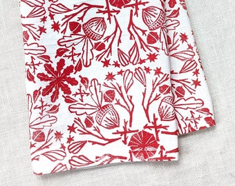 Block Print Tea Towel, Christmas Kitchen Towel, Red and White Tea Towel, Small Table Cloth, Flour Sack Towel, Small Tapestry