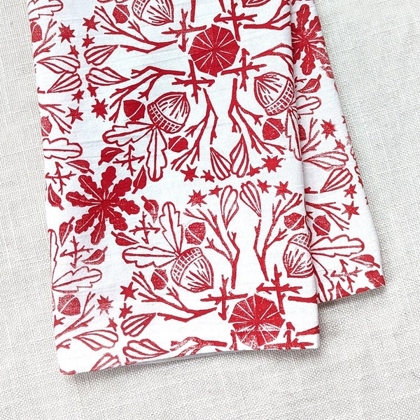 Block Print Tea Towel, Christmas Kitchen Towel, Red and White Tea Towel, Small Table Cloth, Flour Sack Towel, Small Tapestry