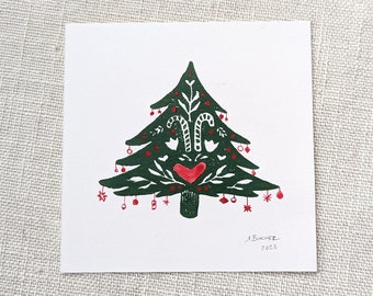 Christmas Tree Linocut Print, 5x5 inches, Wall Art
