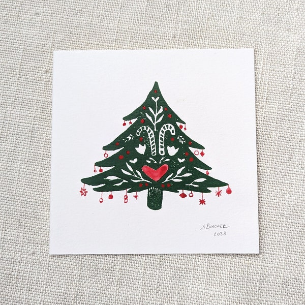 Christmas Tree Linocut Print, 5x5 inches, Wall Art