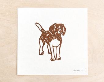 Beagle Hund Kunstdruck, kleiner 15x15cm Linoldruck auf weißem säurefreiem Papier, Original Block Print