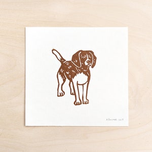 Beagle Dog Art Print, Small 5x5in Square Linocut Print on White Acid-Free Paper, Original Block Print image 1