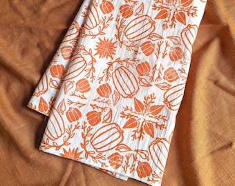 Handprinted Fall Tea Towel, Pumpkin Tea Towel, Fall Kitchen Decor, 28 x 28 inch Tea Towel, Flour Sack Towel, Cotton Kitchen Towel