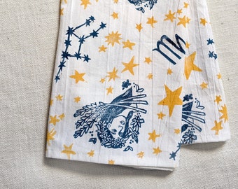 Virgo Tea Towel, 28 x 28 in Hand Printed Cotton Kitchen Towel, Block Printed Decorative Towel, Small Square Table Topper Tablecloth