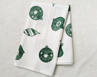 Christmas Ornament Tea Towel in Green, Block Printed Cotton Tea Towel, 28x28 inches