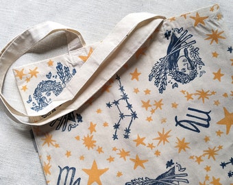 Virgo Tote Bag, Handprinted Organic Cotton Shoulder Bag, 16 x 14 inch Tote