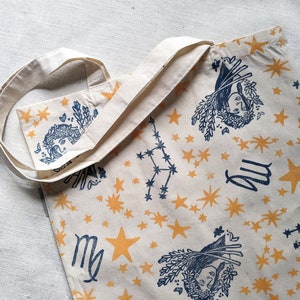 Virgo Tote Bag, Handprinted Organic Cotton Shoulder Bag, 16 x 14 inch Tote