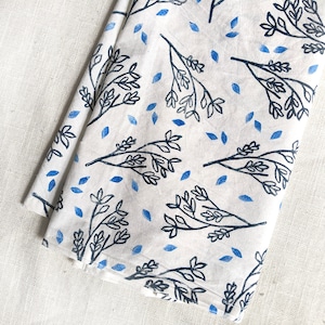 Blue Nature Tea Towel, ~28 x 28in Handprinted Cotton Dish Towel, Block Printed Kitchen Towel with Blue Nature Print