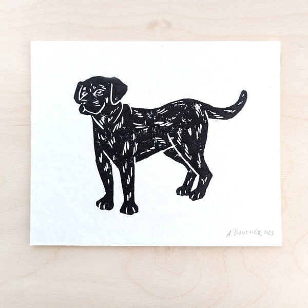 Dog Linocut Print, Black Lab Pit Bull Art Print, Small Wall Art on Paper, Block Print Art, Black Lab Art, Labrador Retriever Print