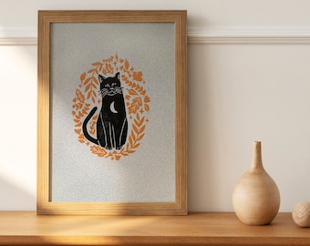 Cat Print, Halloween Wall Decor, 9 x 12 inch Original Artwork Printed by Hand, Linocut Print, Black Cat with Orange Floral Design on Paper