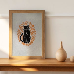 Impressão de gato, decoração de parede de Halloween, 9 x 12 polegadas, arte original impressa à mão, impressão em linóleo, gato preto com desenho floral laranja em papel