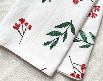 Red and Green Christmas Tea Towel, Block Printed 28x28in Cotton Kitchen Towel with Plant Pattern, Small Tablecloth, Table Topper