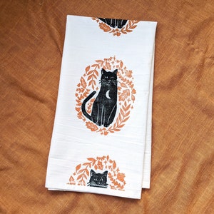 Cat Tea Towel, 28 x 28 inch Block Printed Cotton Kitchen Towel for Halloween, Small Tablecloth, Square Tablecloth