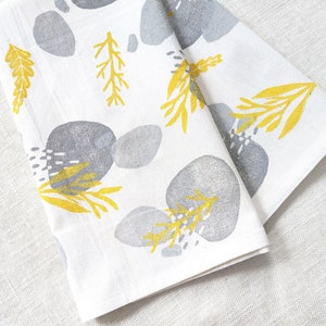 Yellow and Gray Tea Towel, Hand Printed 28x28 inch Block Print Cotton Kitchen Towel with Yellow and Gray Nature Pattern, Table Topper image 1